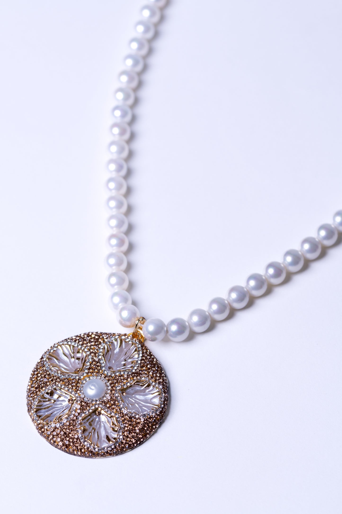 Real Pearl with Natural Sea Shell and American Diamonds Zirconia Pendant Necklace