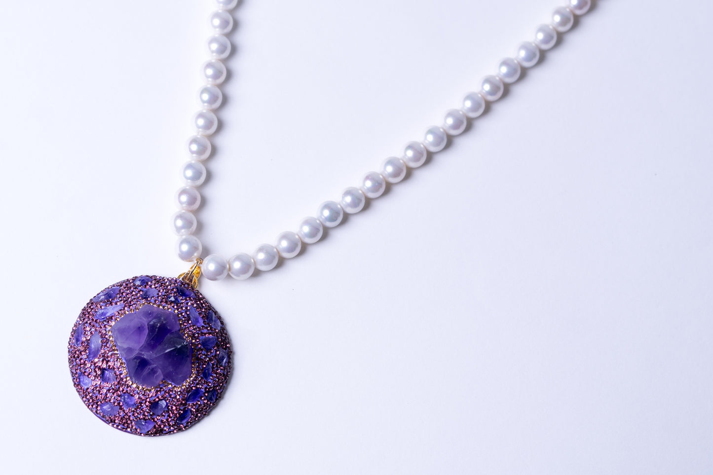 Raw Amethyst Pendant with Real Pearl for Spiritual Healing Necklace