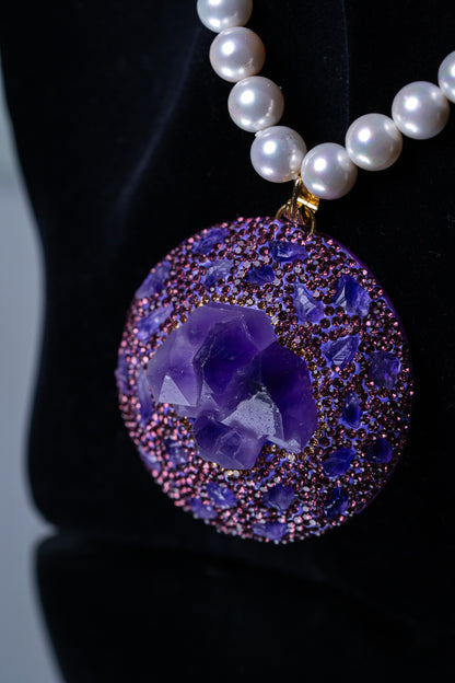 Raw Amethyst Pendant with Real Pearl for Spiritual Healing Necklace