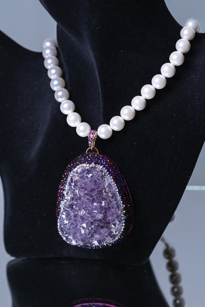 Amethyst Clusters Pendant with Real Pearls for Spiritual Healing Necklace