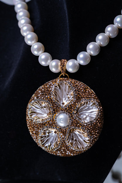 Real Pearl with Natural Sea Shell and American Diamonds Zirconia Pendant Necklace