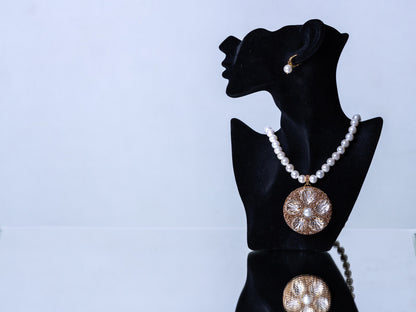 Real Pearl with Natural Sea Shell and American Diamonds Zirconia Pendant Necklace
