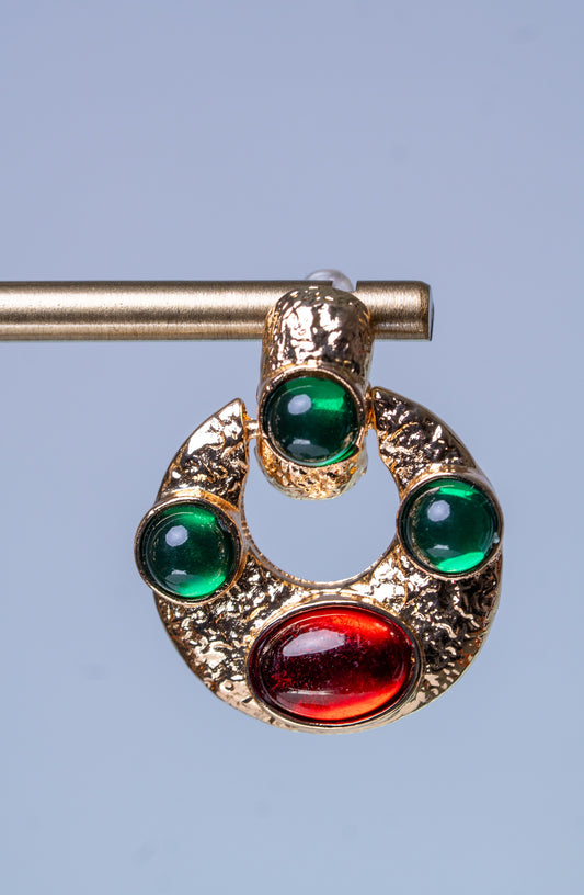 Flawed 22KT Gold Plated Emerald Resin Stone Door Knocker Earrings