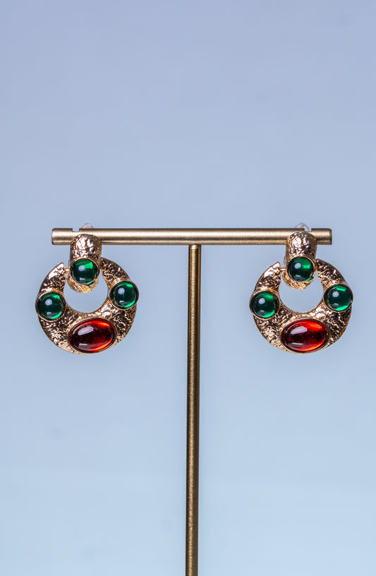 Flawed 22KT Gold Plated Emerald Resin Stone Door Knocker Earrings