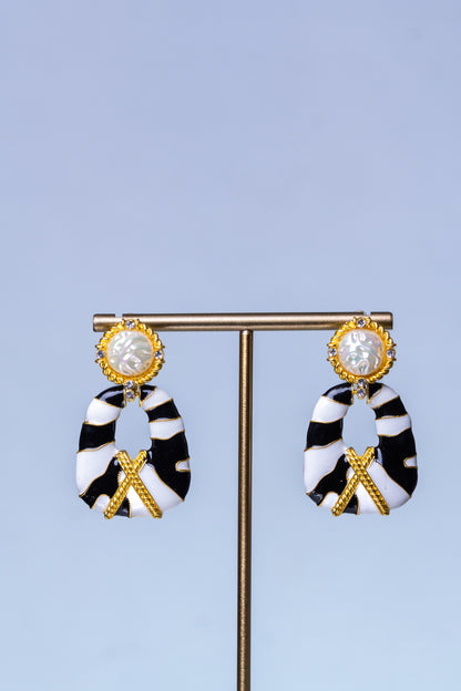 Real Baroque Pearl and Zebra Inspired Enamel Earrings