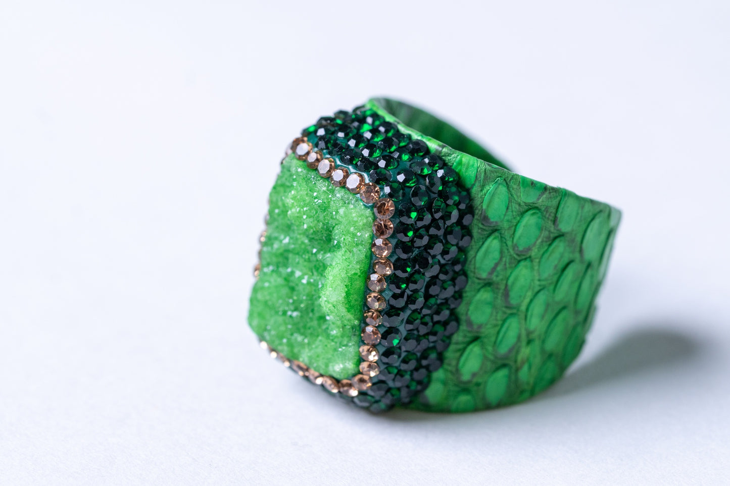 Green Natural Gemstone & Snake Skin Leather Ring