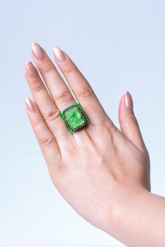 Green Natural Gemstone & Snake Skin Leather Ring