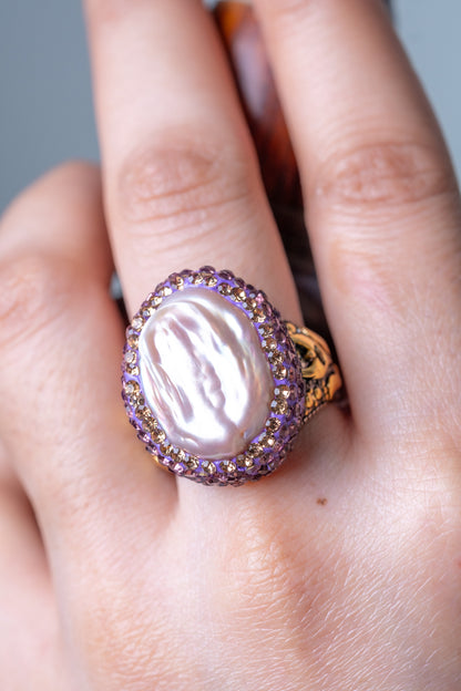 Baroque Pearl Hand-Carved Ring - Adjustable Size