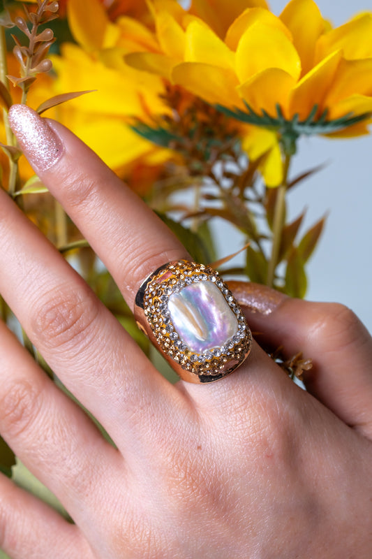Freshwater Baroque Pearl & Tiny Multi-Color Tourmalines Ring - Adjustable Size