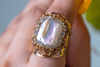Freshwater Baroque Pearl & Tiny Multi-Color Tourmalines Ring - Adjustable Size