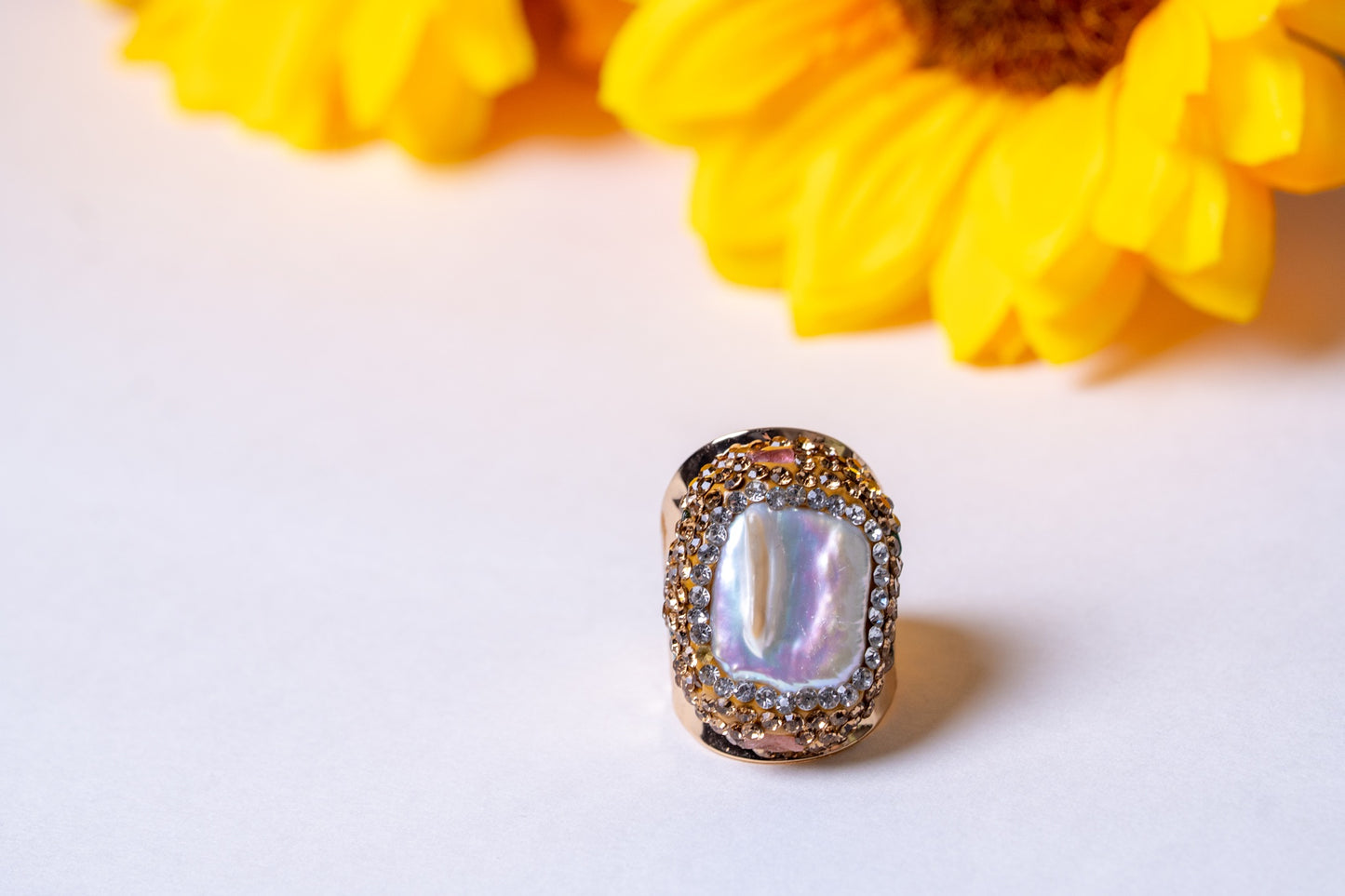 Freshwater Baroque Pearl & Tiny Multi-Color Tourmalines Ring - Adjustable Size