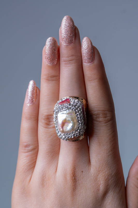 Freshwater Baroque Pearl & Long Multi-Color Tourmalines Ring