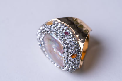Freshwater Baroque Pearl & Multi-Stones Ring - Adjustable Size
