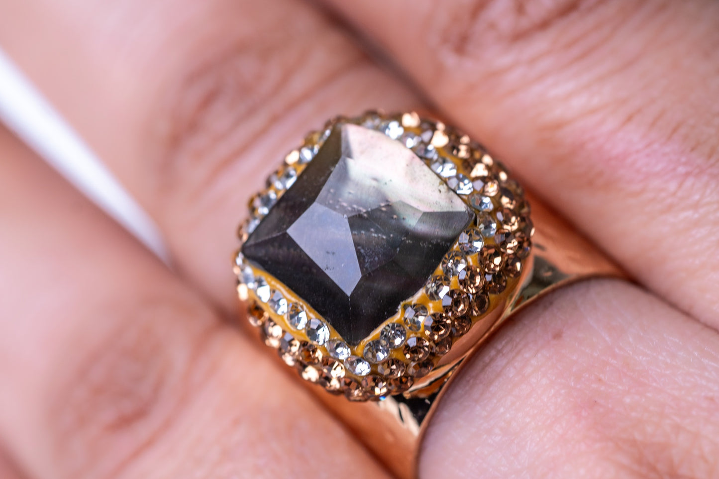 Black Zircon & White American Diamonds Ring - Adjustable Size