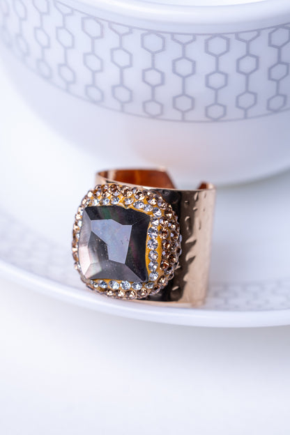 Black Zircon & White American Diamonds Ring - Adjustable Size
