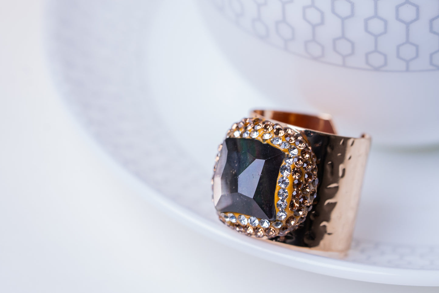 Black Zircon & White American Diamonds Ring - Adjustable Size