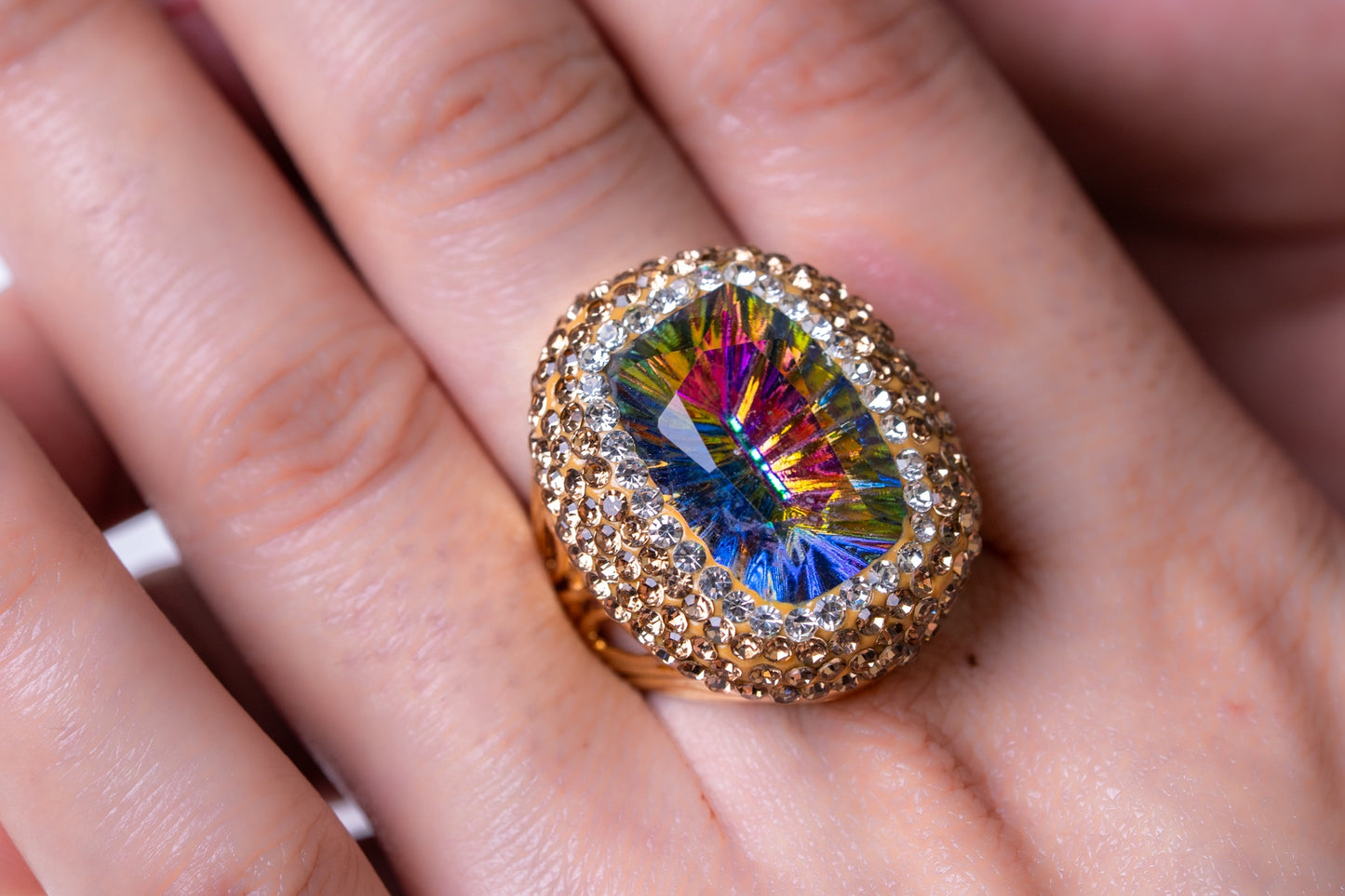 Large Mystic Topaz & American Diamonds Zirconia Ring