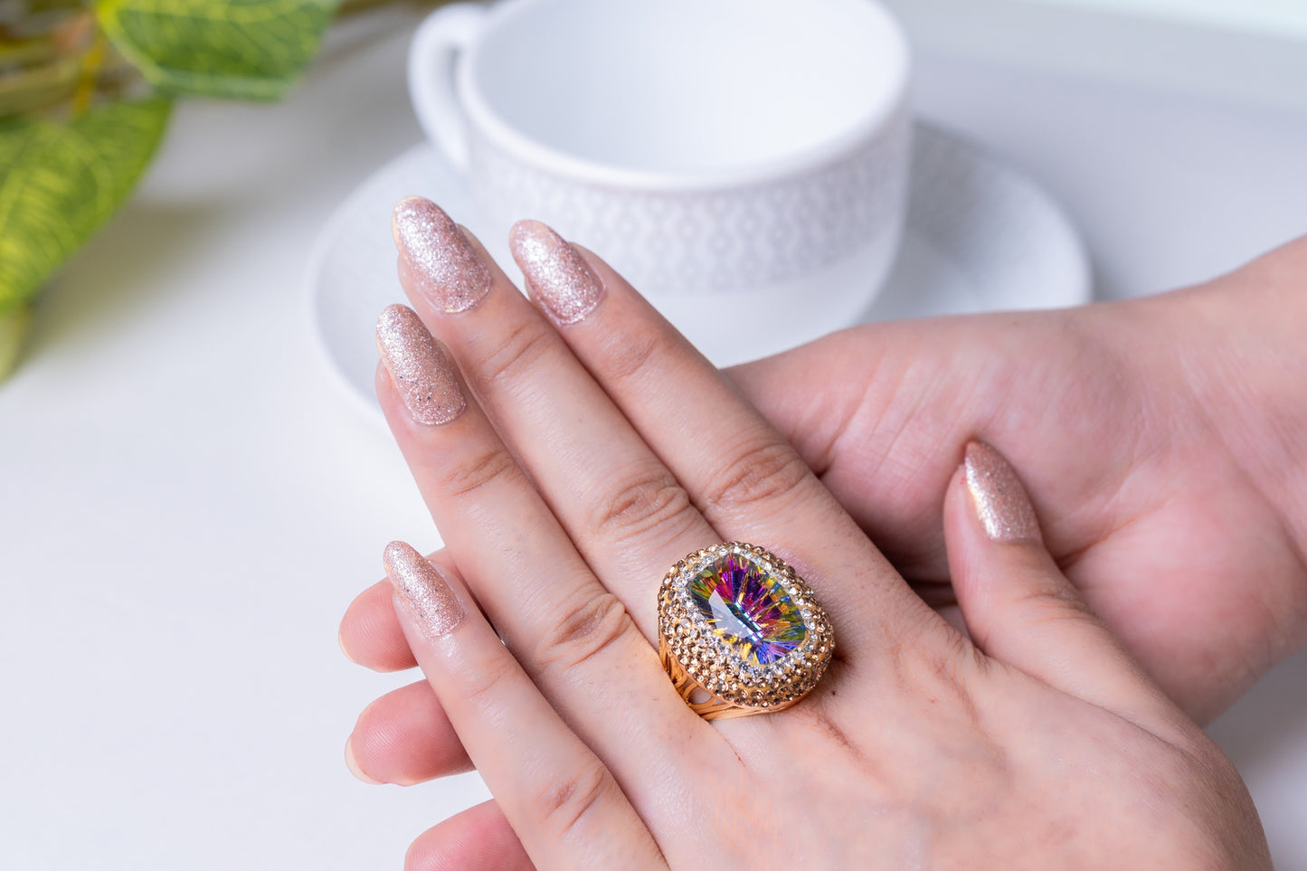 Large Mystic Topaz & American Diamonds Zirconia Ring
