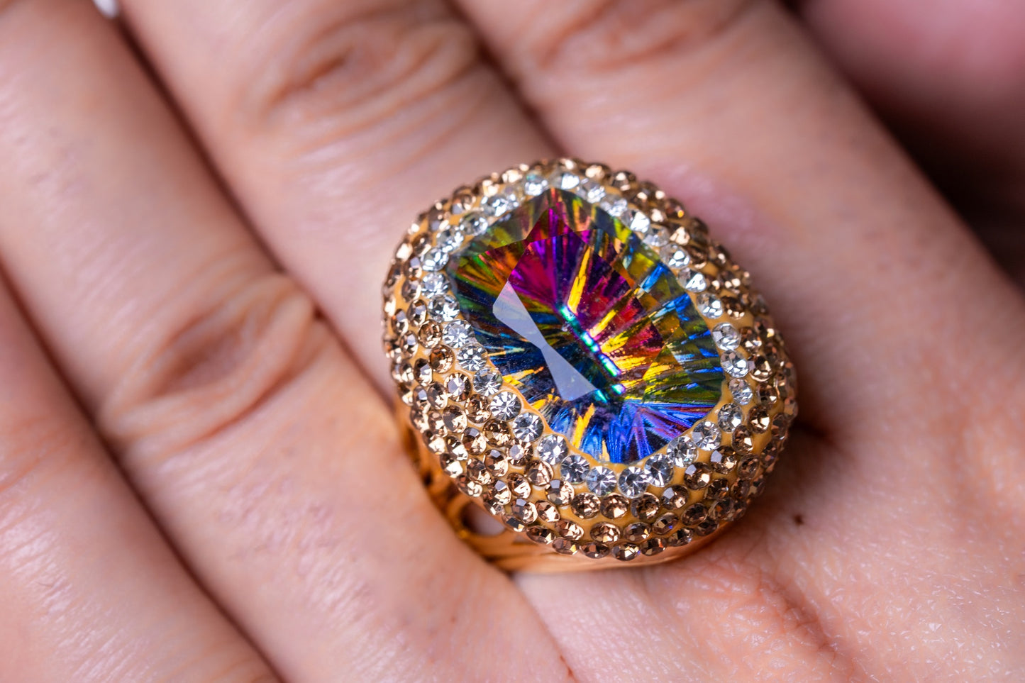 Large Mystic Topaz & American Diamonds Zirconia Ring