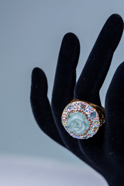Rose-Carved Jadeite Stone & Tourmalines Ring - Adjustable Size