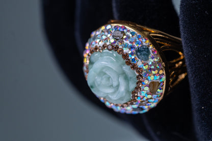 Rose-Carved Jadeite Stone & Tourmalines Ring - Adjustable Size