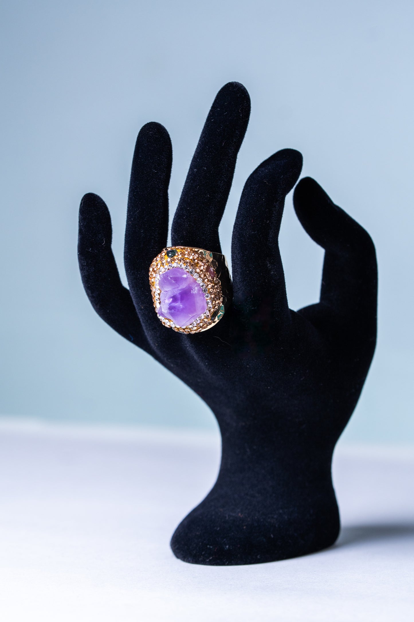 Raw Amethyst, Tourmalines & American Diamonds Ring