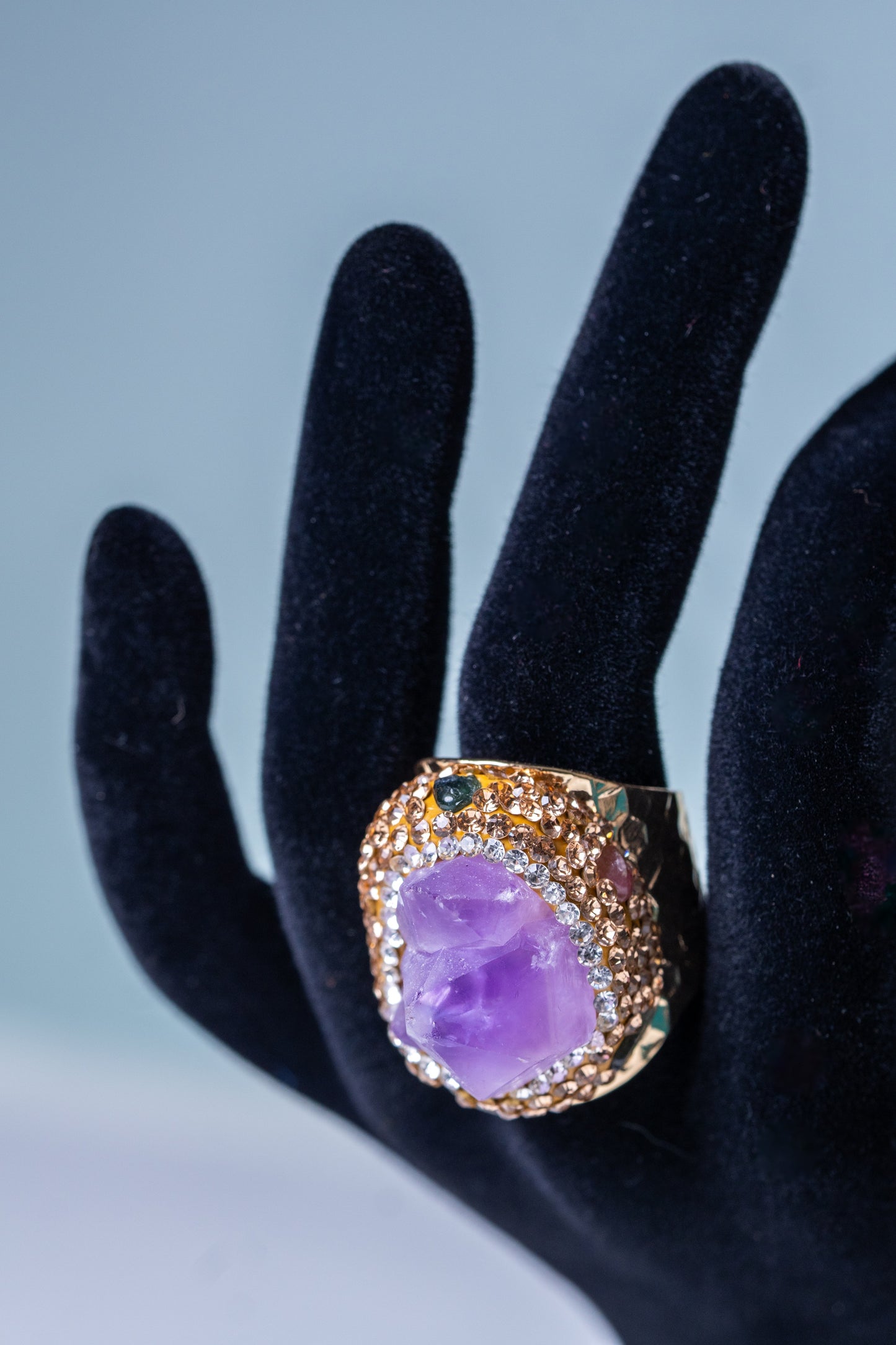 Raw Amethyst, Tourmalines & American Diamonds Ring