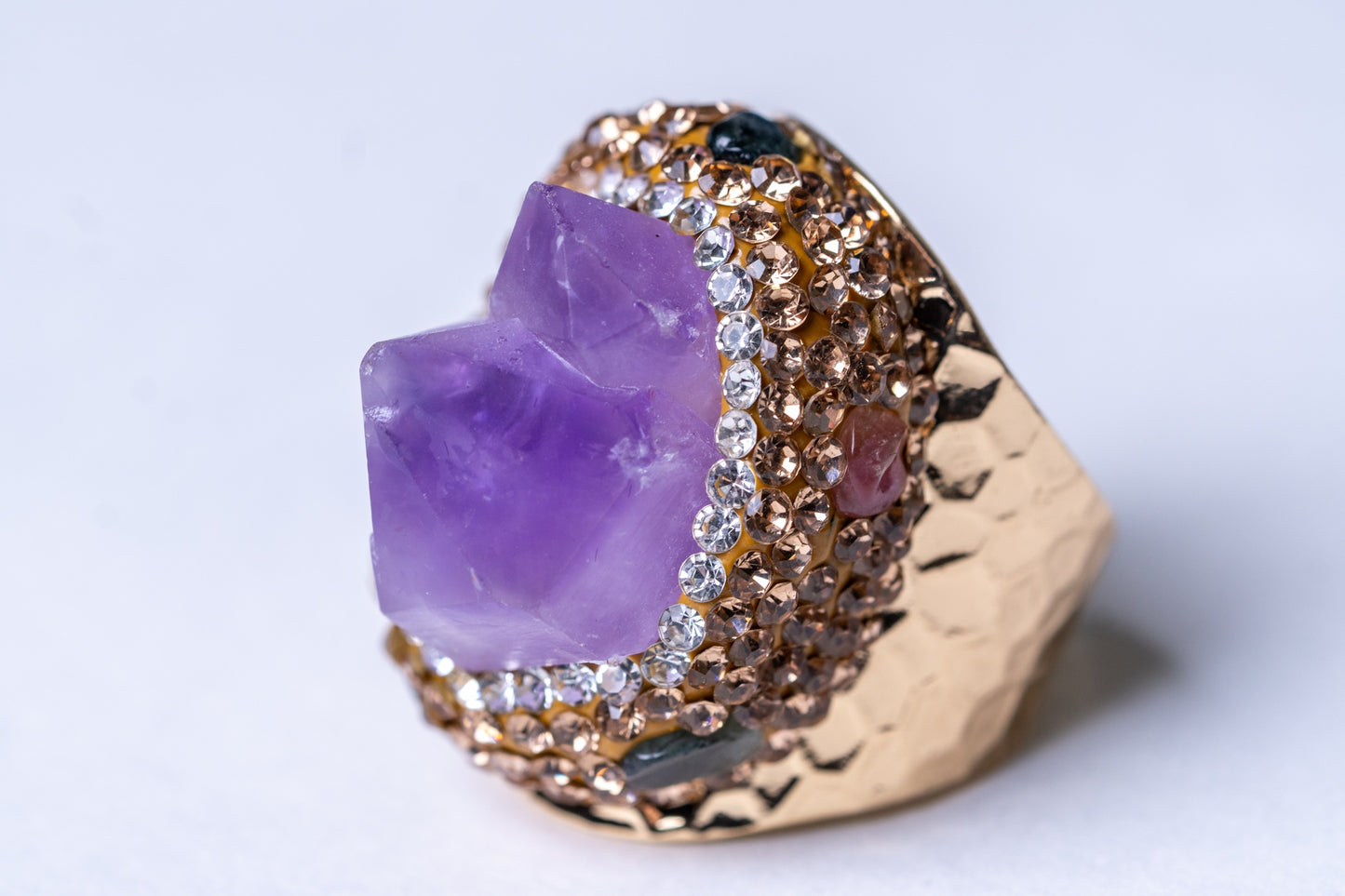 Raw Amethyst, Tourmalines & American Diamonds Ring