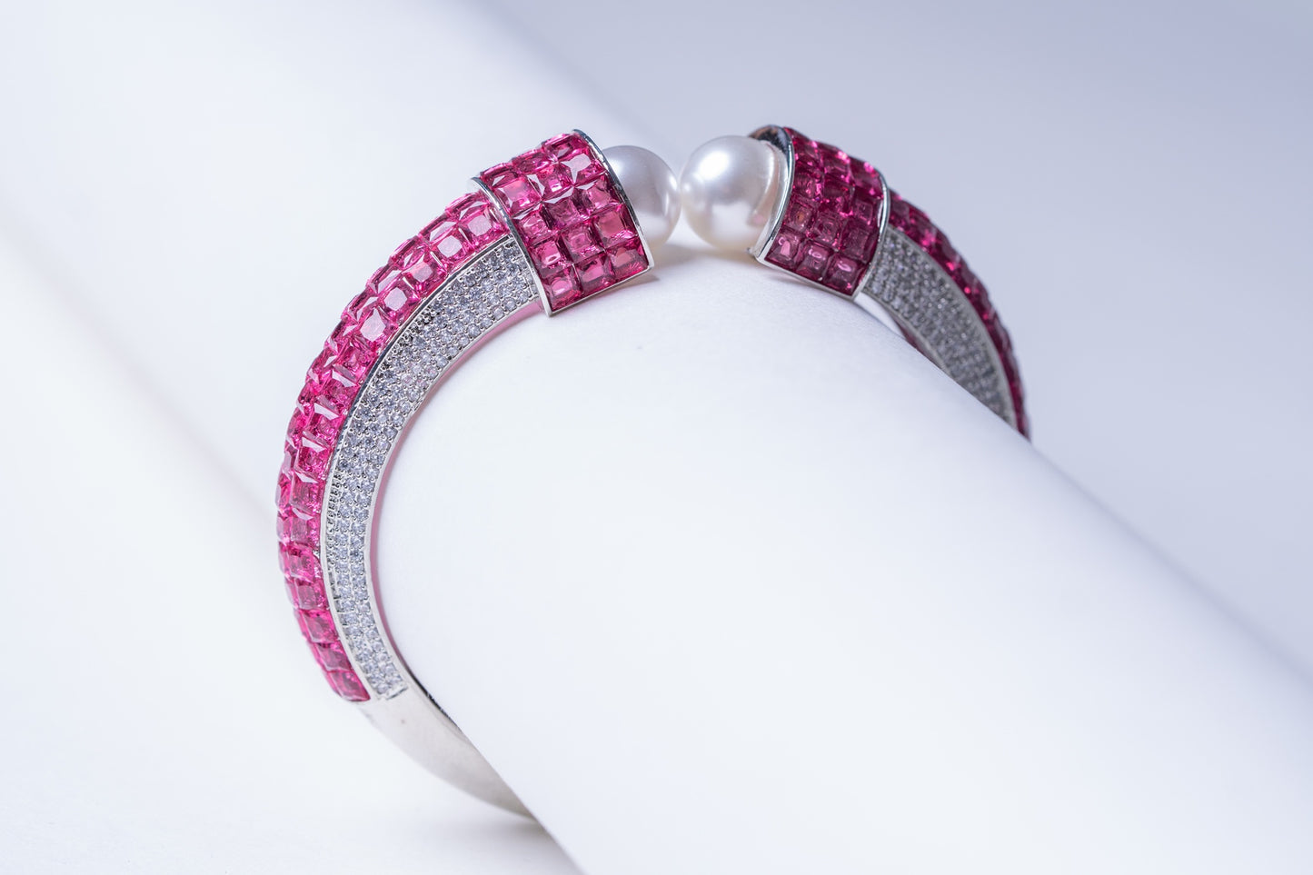 Pink Rubies and Real Pearl Cuff Bracelet