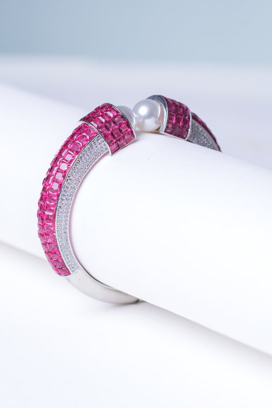 Pink Rubies and Real Pearl Cuff Bracelet