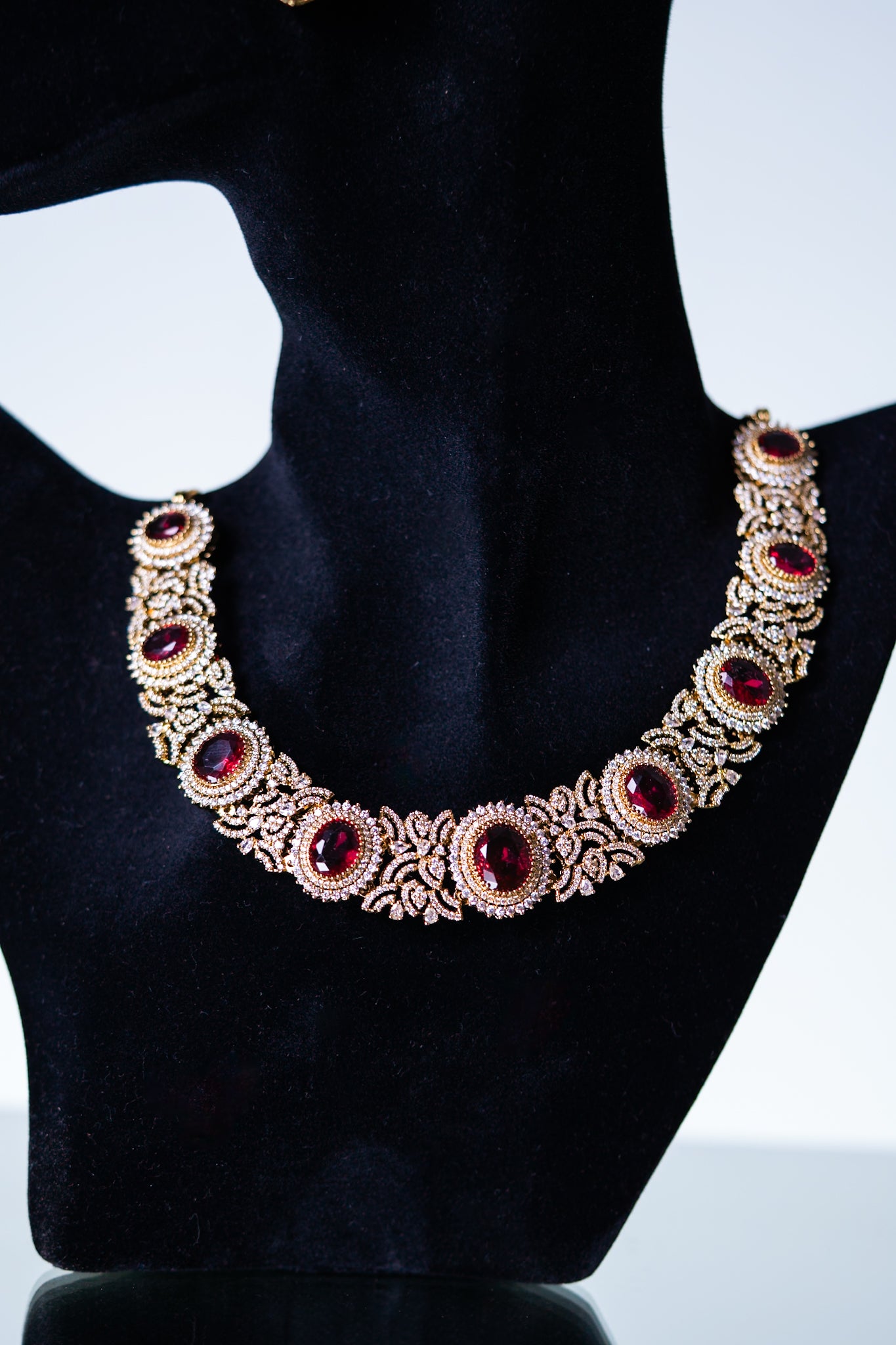 Gold Plated Ruby Stone Riviera Necklace with Earrings