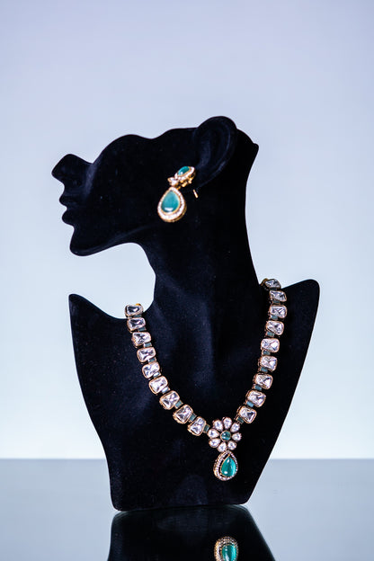 Aqua Mint Stone and Kundan Polki Necklace with Earrings