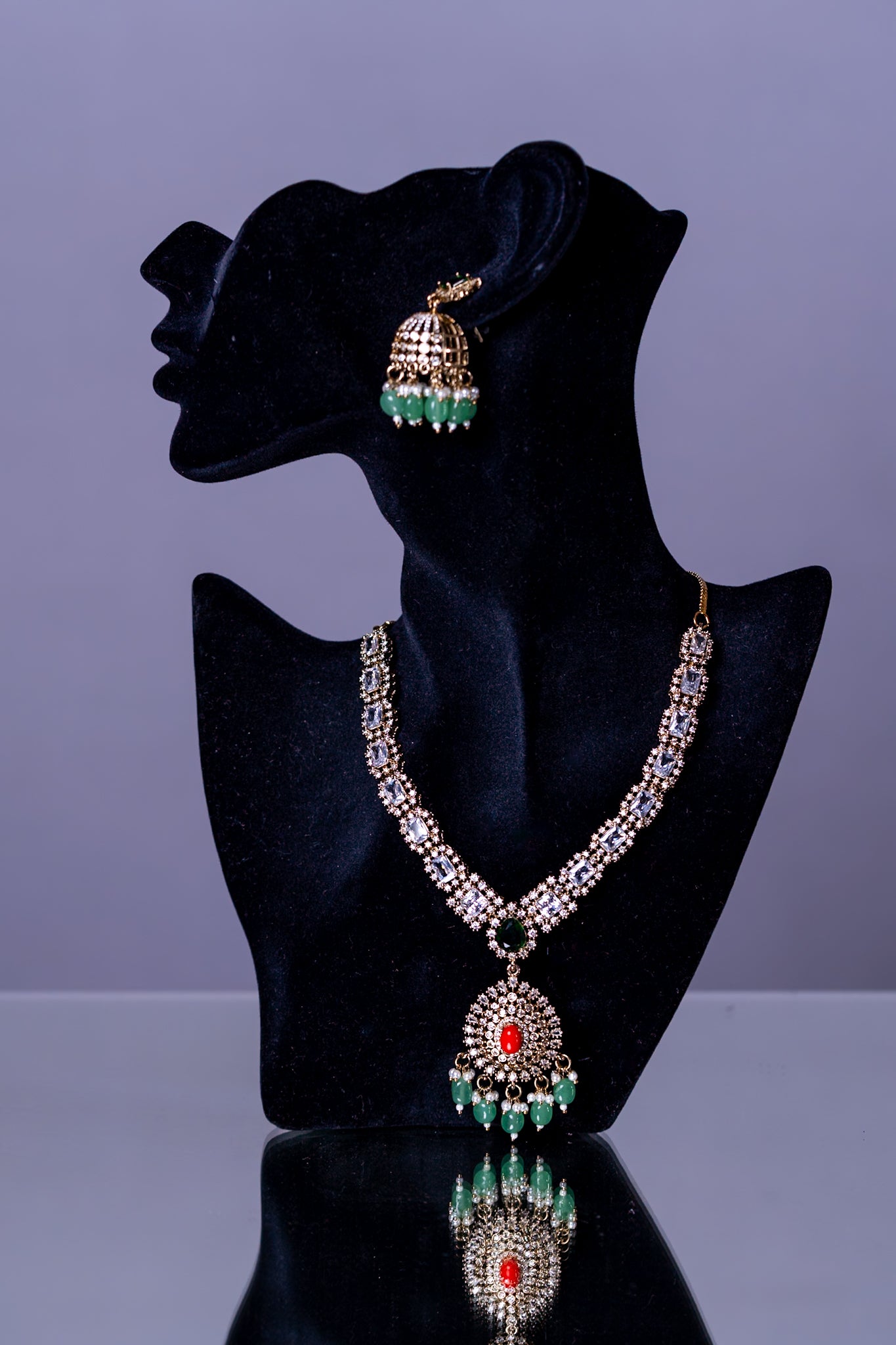 Indian Coral Stone Necklace Set with Jhumka Earrings