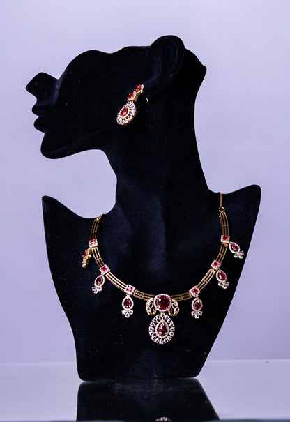 Red Stone Gold Plated Hasli Necklace with Earrings