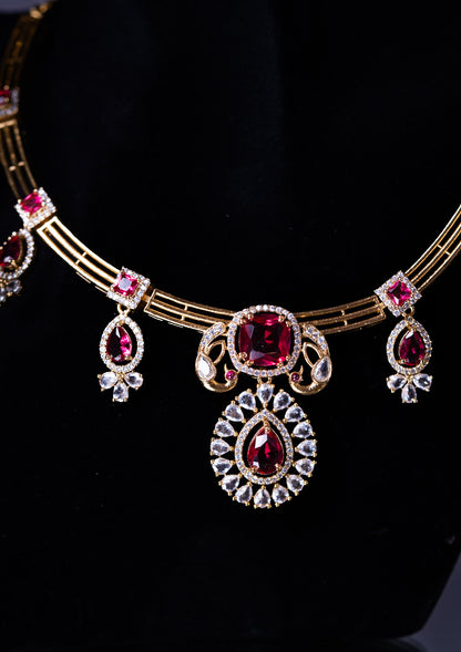 Red Stone Gold Plated Hasli Necklace with Earrings