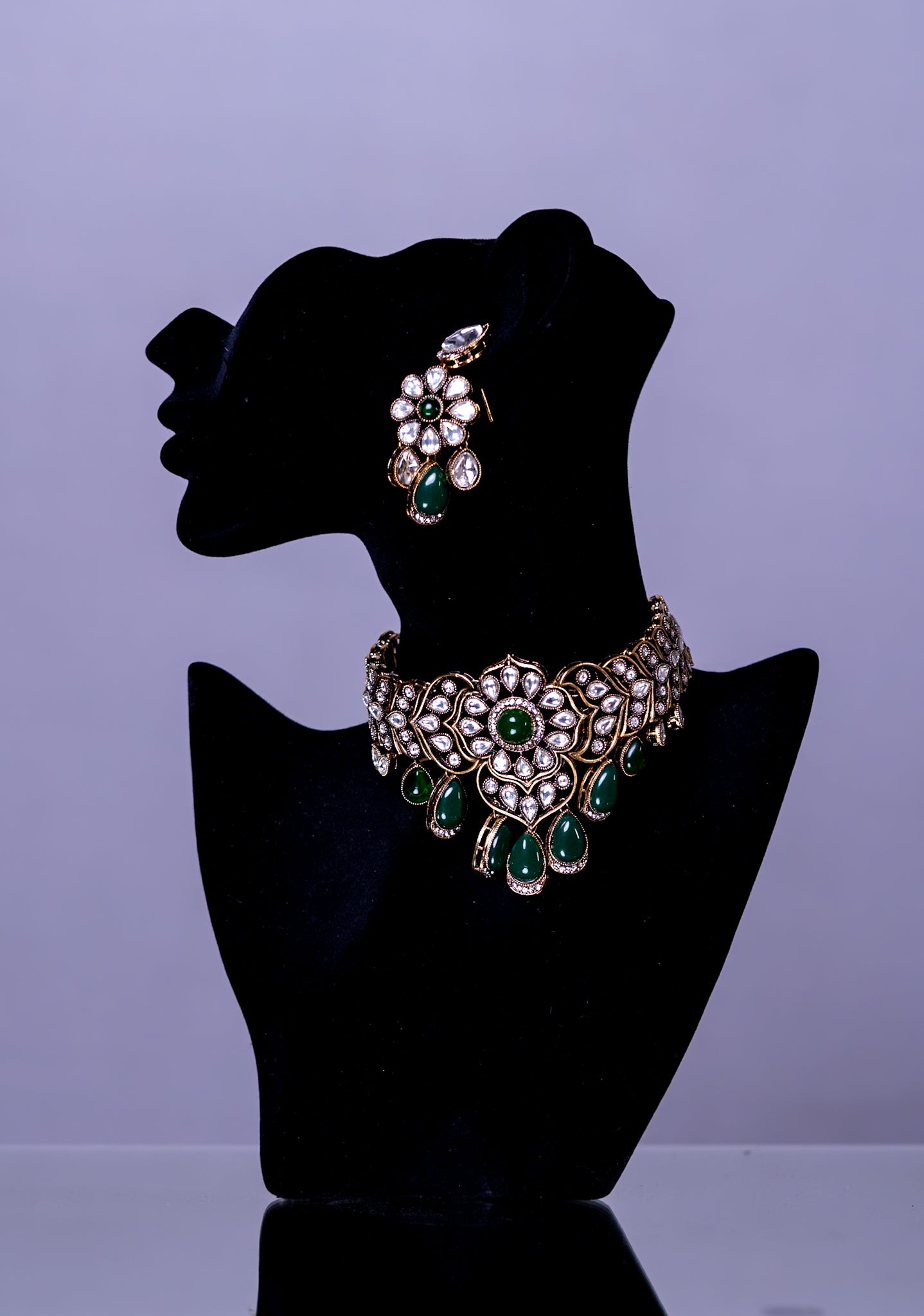 Choker Set Green Stone and Kundan Polki Mehndi Gold Plated  with Earrings