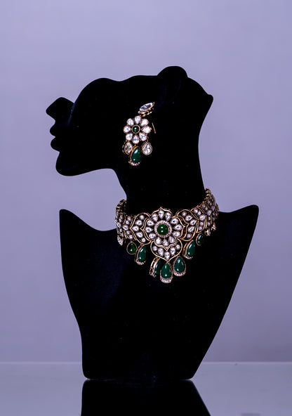 Choker Set Green Stone and Kundan Polki Mehndi Gold Plated  with Earrings