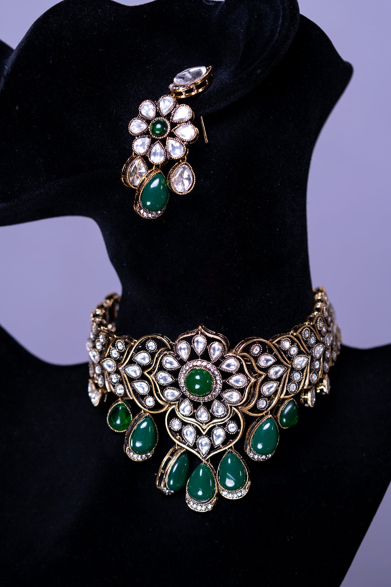 Choker Set Green Stone and Kundan Polki Mehndi Gold Plated  with Earrings