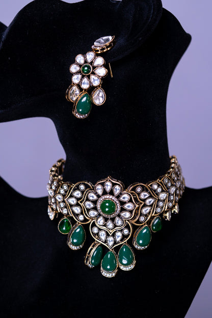 Choker Set Green Stone and Kundan Polki Mehndi Gold Plated  with Earrings