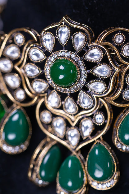 Choker Set Green Stone and Kundan Polki Mehndi Gold Plated  with Earrings