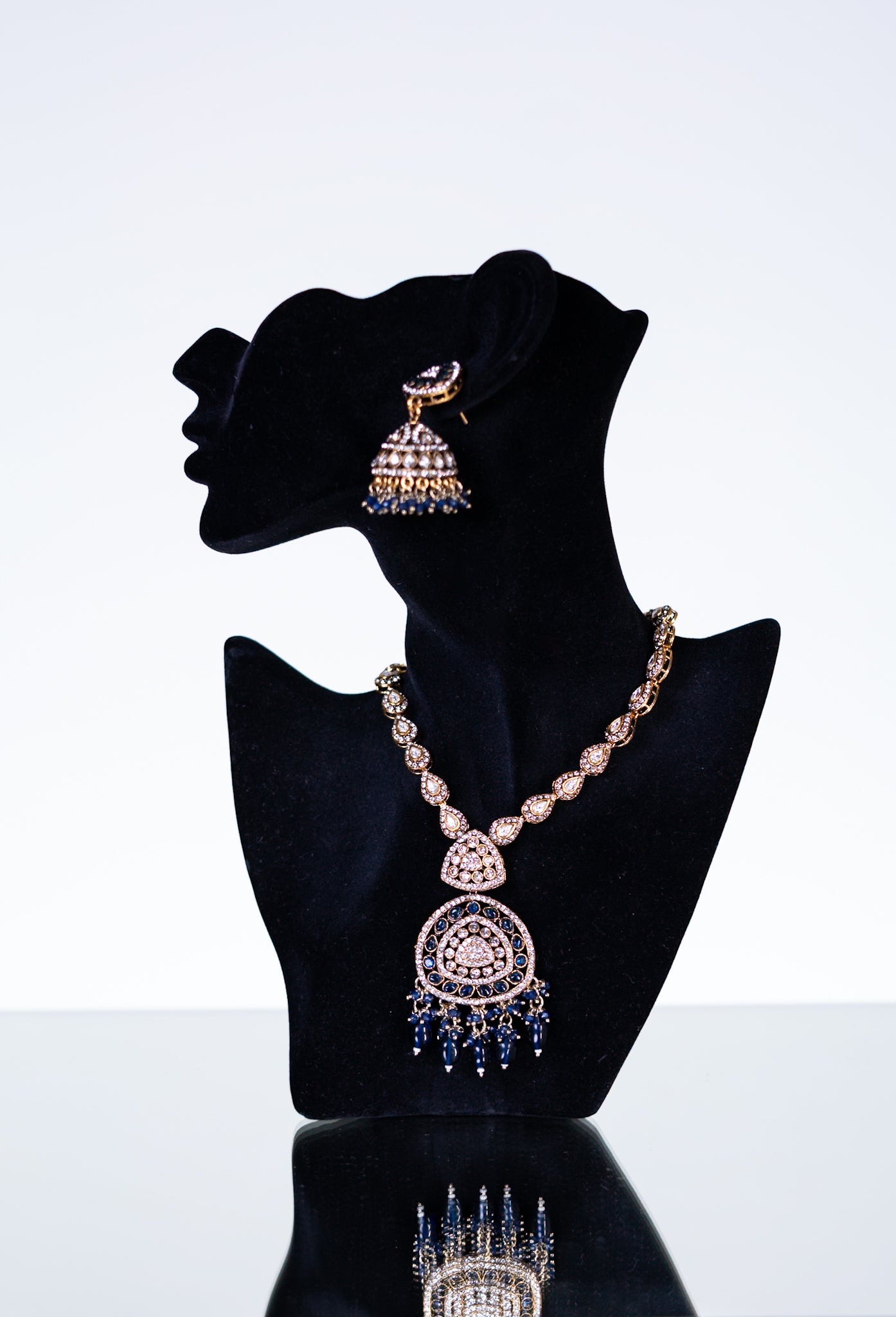 Royal Blue Kundan Polki Long Necklace with Jhumka