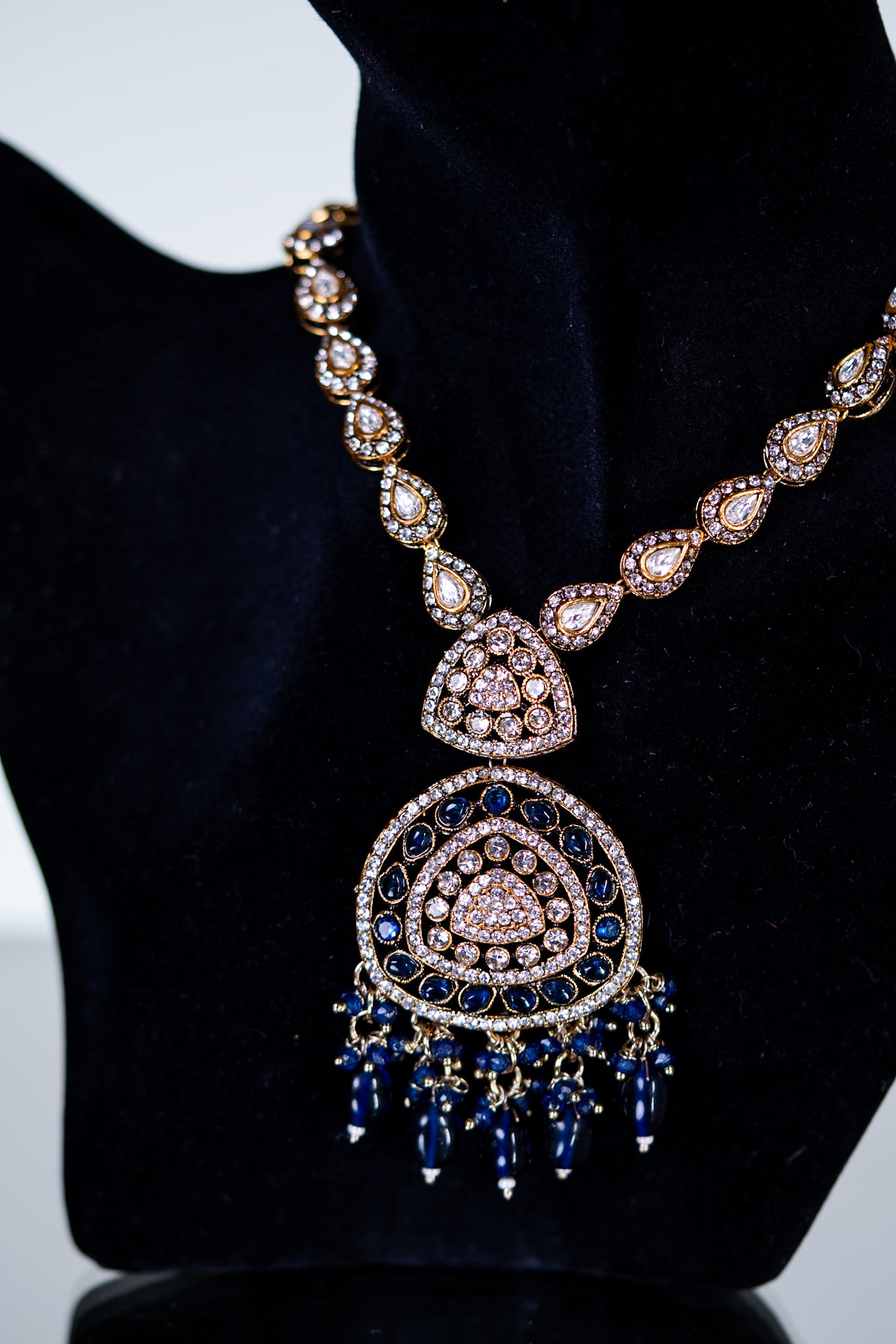 Royal Blue Kundan Polki Long Necklace with Jhumka