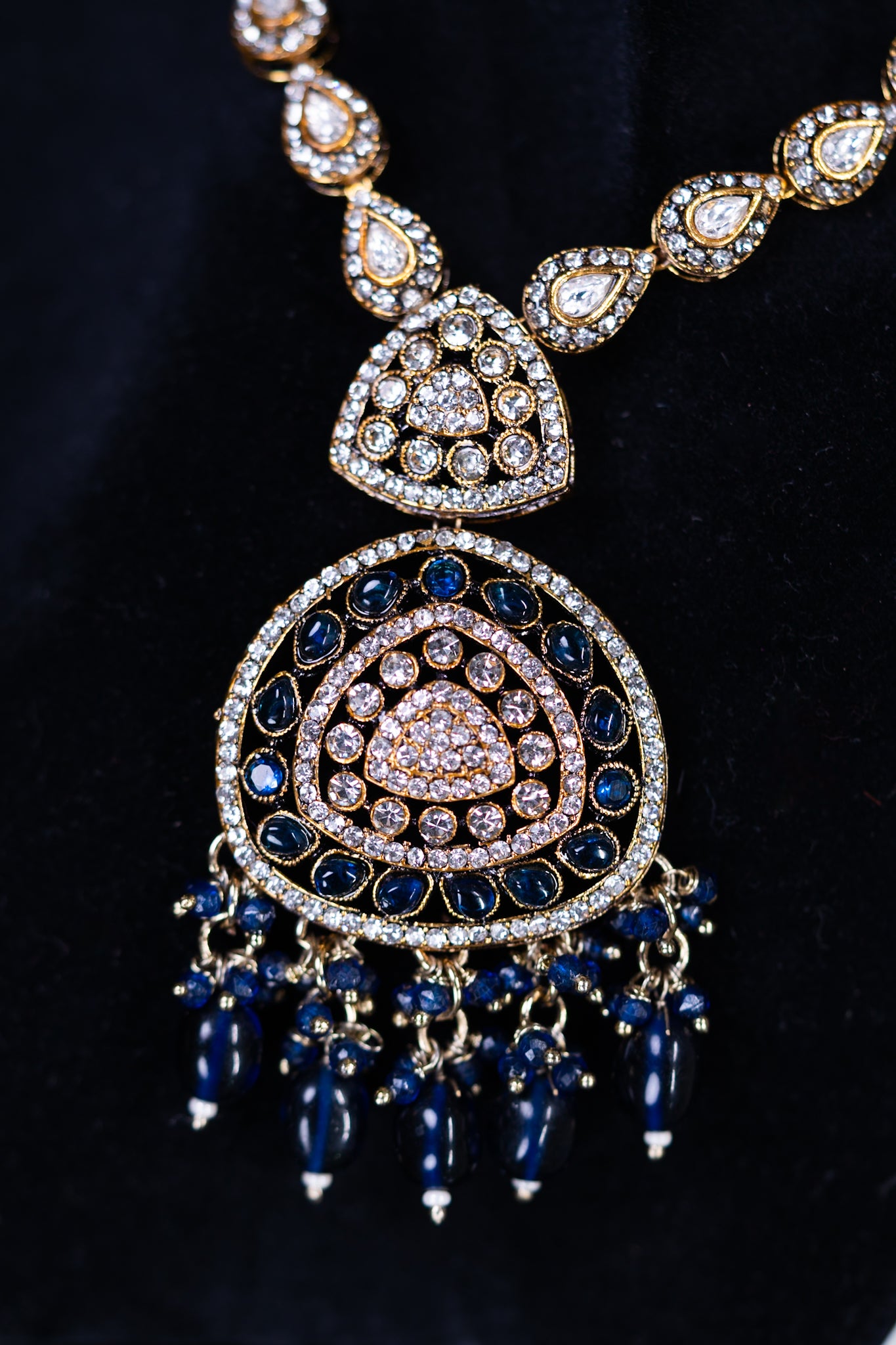 Royal Blue Kundan Polki Long Necklace with Jhumka