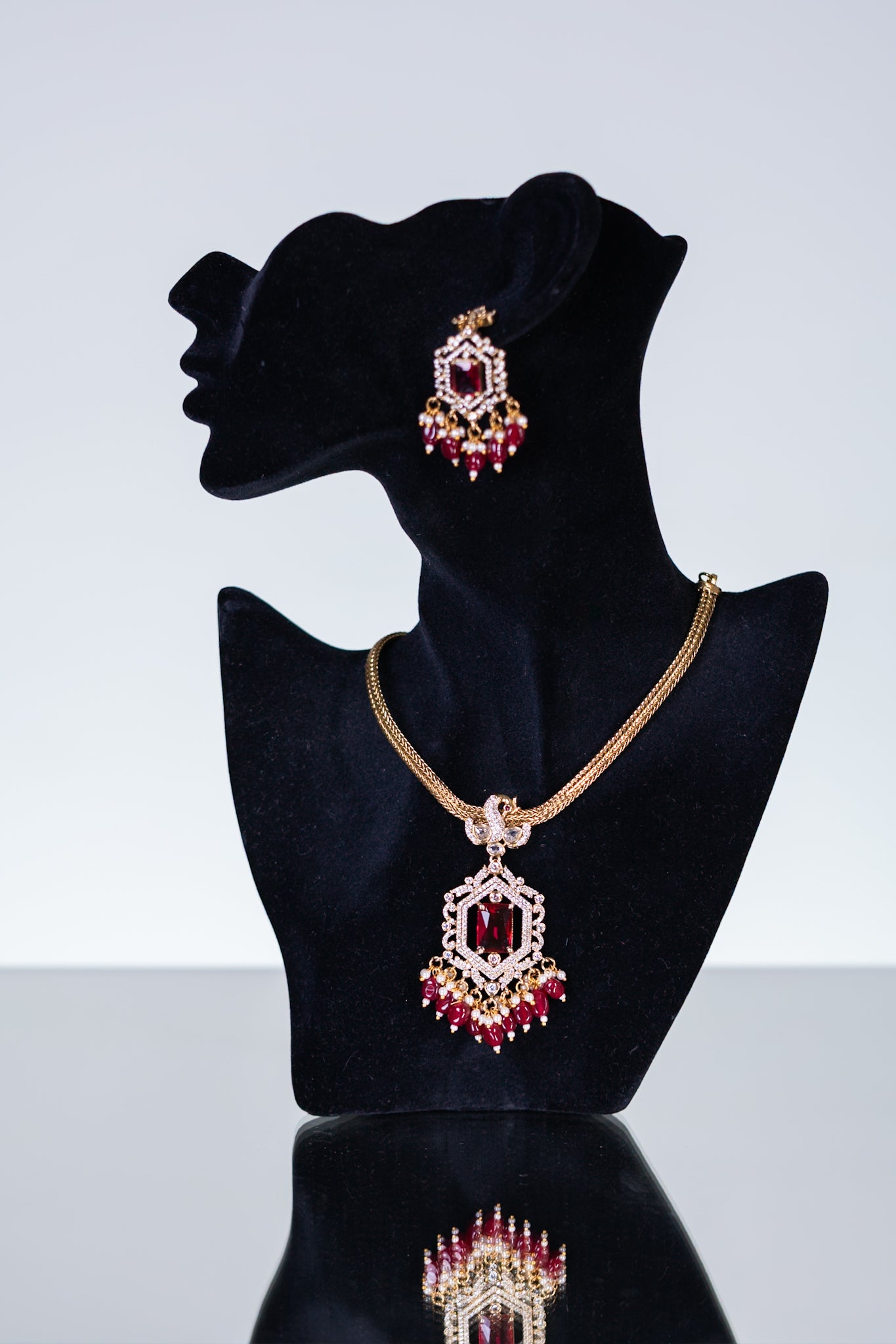 Red Stone Short Necklace with Dangler Earrings