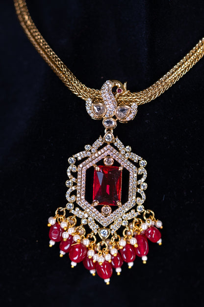 Red Stone Short Necklace with Dangler Earrings