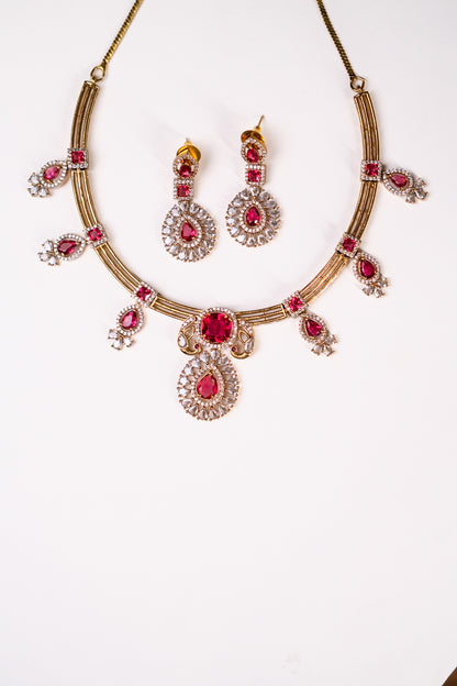 Red Stone Gold Plated Hasli Necklace with Earrings