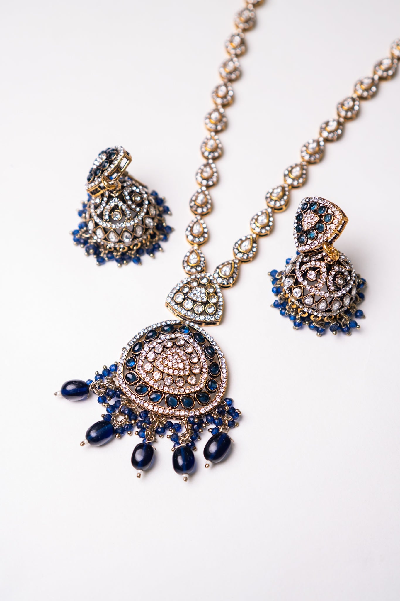 Royal Blue Kundan Polki Long Necklace with Jhumka