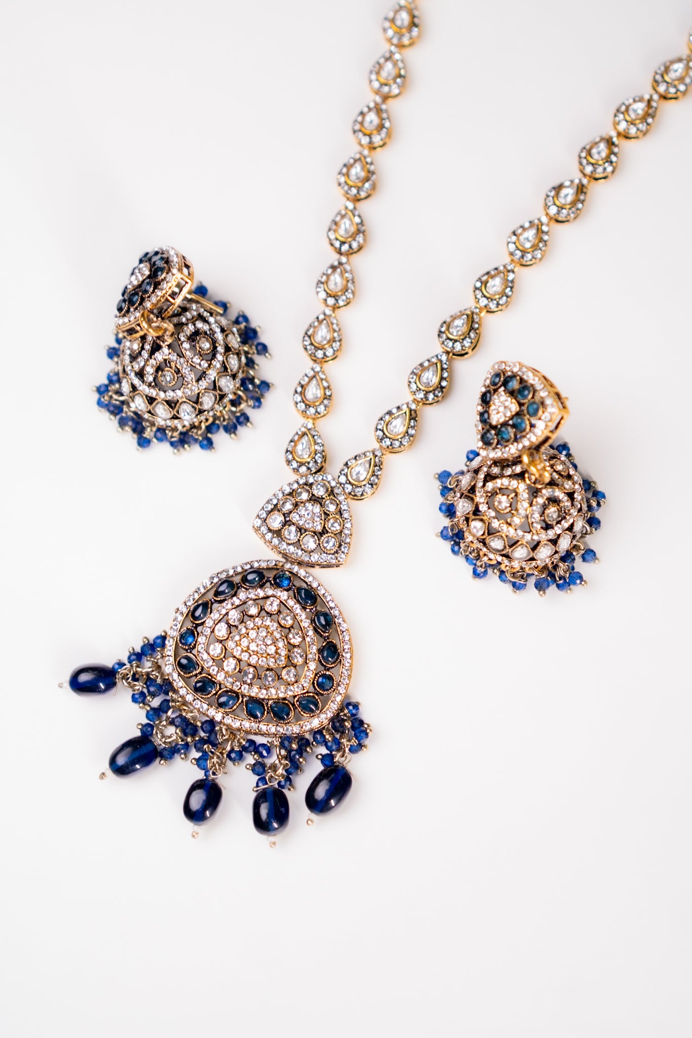 Royal Blue Kundan Polki Long Necklace with Jhumka