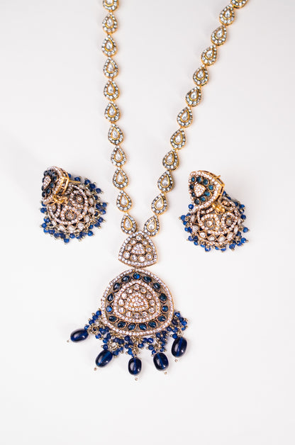 Royal Blue Kundan Polki Long Necklace with Jhumka