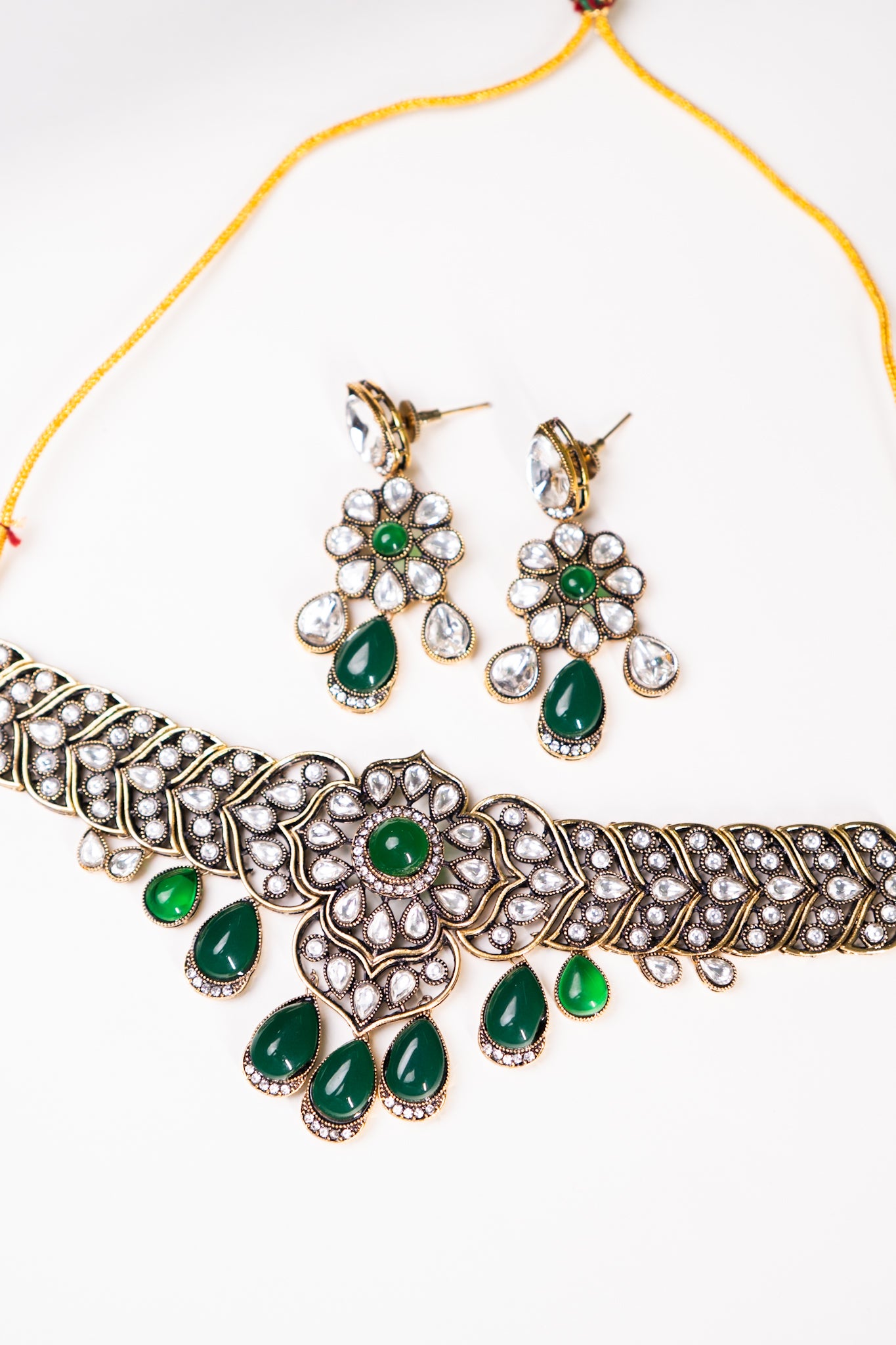 Choker Set Green Stone and Kundan Polki Mehndi Gold Plated  with Earrings